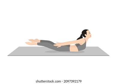 Locust Pose, One-legged Locust Pose,Shalabhasana, Salambhasana. Beautiful girl practice Salabhasana. Young attractive woman practicing yoga exercise. working out, black wearing sportswear, grey pants