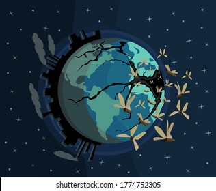 langostas que salen del cráter de un planeta tierra como resultado de la destrucción ambiental provocada por el hombre, fondo de cielo estrellado, ilustración vectorial