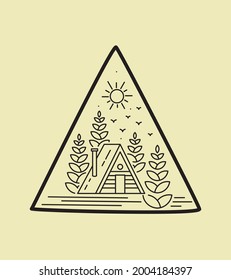 lodge design in the middle of the forest in monoline art style, badge design, T-shirt Art, Tee design