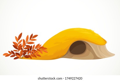Lodge in the hills are covered with yellow grass vector drawing isolated on white background