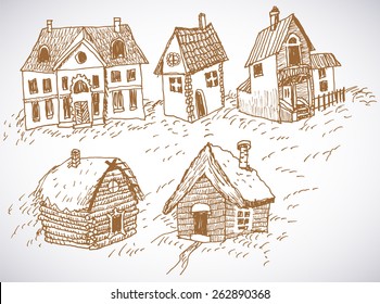 Lodges. Village and city. Vector cartoon