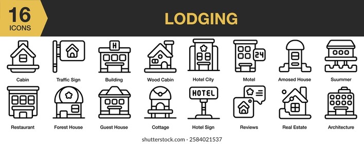 Lodging icon set. Includes lodge, nature, house, travel, cabin, and More. Outline icons vector collection.