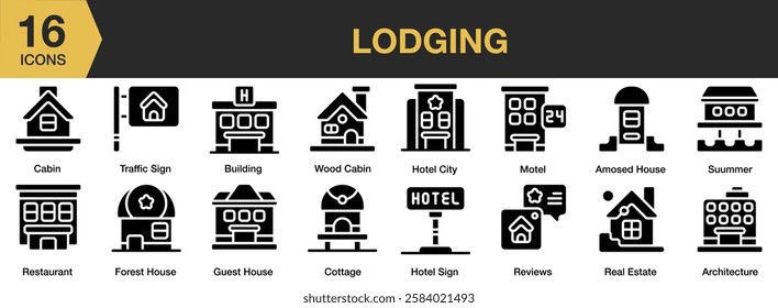 Lodging solid icon set. Includes lodge, nature, house, travel, cabin, and More. Solid icons vector collection.