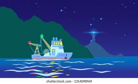 Lodging turn of sailors in ocean. Trawler ship goes to sea by the lighthouse ray in night. Reflection of lights between the waves