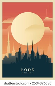 Cartaz de brutalismo da cidade de Lodz com horizonte abstrato, ilustração vetorial retro da paisagem urbana. Polônia guia de viagem cidade capa, brochura, folheto, folheto, imagem modelo de apresentação de negócios