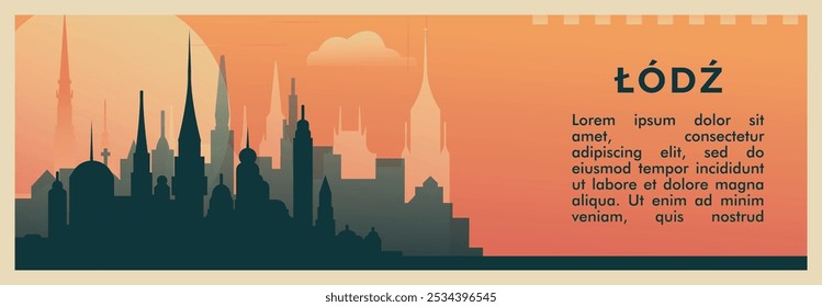 Banner vetorial de brutalismo da cidade de Lodz com horizonte, paisagem urbana. Ilustração horizontal retrô da cidade da Polônia. Layout de viagem para apresentação na Web, cabeçalho, rodapé