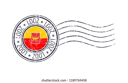 Lodz city grunge postal rubber stamp and flag on white background