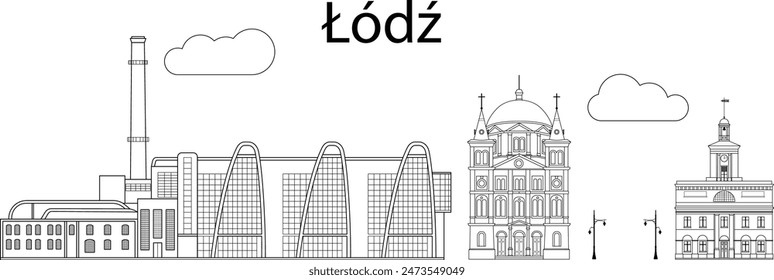 Lodz city skyline - line art vector illustration