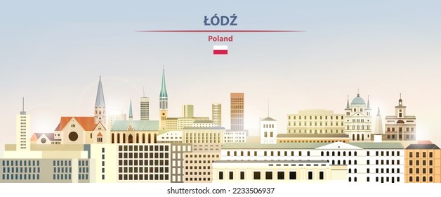 Lodz cityscape on sunrise sky background with bright sunshine. Vector illustration