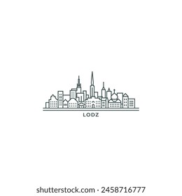 Lodz cityscape skyline city panorama vector flat modern logo icon. Poland town emblem idea with landmarks and building silhouettes. Isolated thin line black graphic