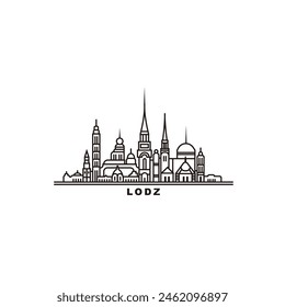 Lodz cityscape skyline city panorama vector flat modern logo icon. Poland town emblem idea with landmarks and building silhouettes. Isolated thin line black graphic