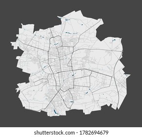 Lodz map. Detailed vector map of Lodz city administrative area. Poster with streets and water on grey background.