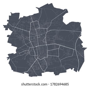 Lodz map. Detailed vector map of Lodz city administrative area. Dark poster with streets on white background.