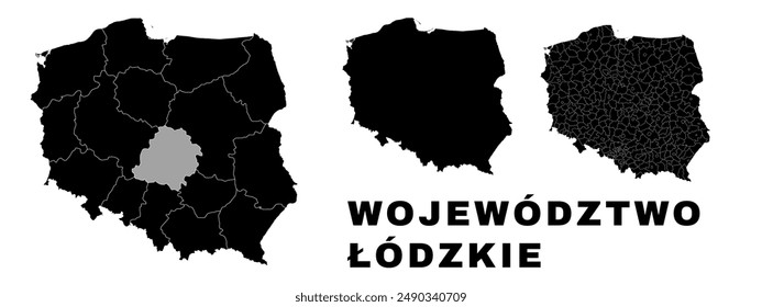 Lodz map, Polish voivodeship. Poland administrative division, provinces, boroughs, and municipalities.