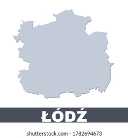 Lodz outline map. Vector map of Lodz city area within its borders. Grey with shadow on white background. Isolated illustration.