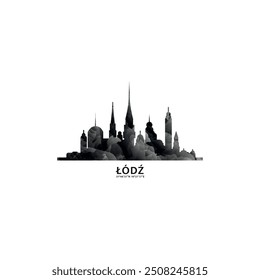 Lodz panorama, vector badge, skyline logo and icon. Poland city horizon logotype with landmarks and building silhouettes. Isolated foggy abstract gradient graphic