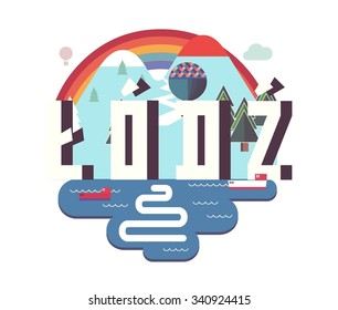 Lodz in Poland is Beautiful city to visit on holiday, vector cartoon illustration