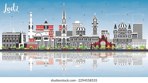 Lodz Poland City Skyline with Color Buildings, Blue Sky and Reflections. Vector Illustration. Lodz Cityscape with Landmarks. Business Travel and Tourism Concept with Historic Architecture.