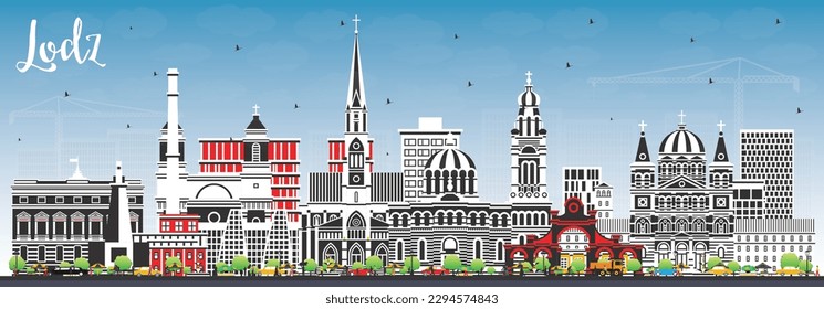 Lodz Poland City Skyline with Color Buildings and Blue Sky. Vector Illustration. Lodz Cityscape with Landmarks. Business Travel and Tourism Concept with Historic Architecture.