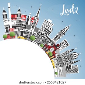 Lodz Poland City Skyline with Color Buildings, Blue Sky and Copy Space. Vector Illustration. Lodz Cityscape with Landmarks. Business Travel and Tourism Concept with Historic Architecture.