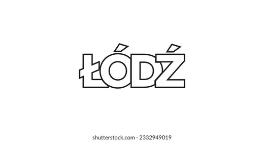 Lodz en el emblema polaco para la prensa y la web. El diseño presenta estilo geométrico, ilustración vectorial con tipografía audaz en fuente moderna. Letras gráficas de eslóganes aisladas en fondo blanco.