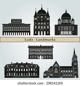 Lodz, Poland landmarks and monuments isolated on blue background in editable vector file