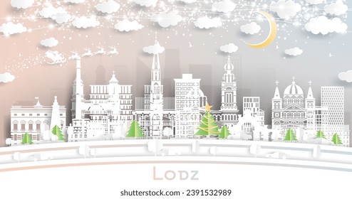 Lodz Poland. Winter city skyline in paper cut style with snowflakes, moon and neon garland. Christmas and new year concept. Santa Claus on sleigh. Lodz cityscape with landmarks.