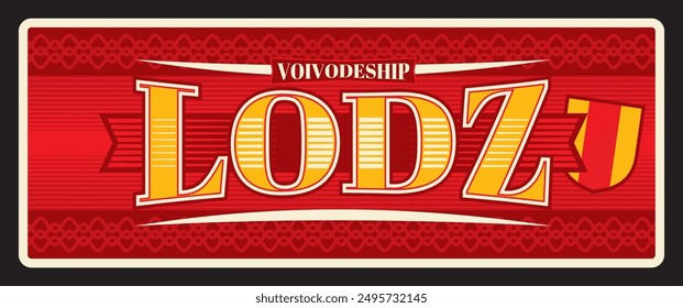 Lodz Voivodeship, Polish province, Poland retro travel plate. Vector Lodz province, vintage banner retro sign, board or postcard with territory map and flag. Polish car number design