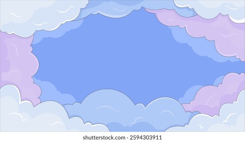 Lo-Fi aesthetic cloudy sky dreamy pastel flat illustration background. Nostalgia and relaxation. Fluffy clouds. Minimalistic artistic cloudscape 2D cartoon backdrop. Colorful scene vector art image