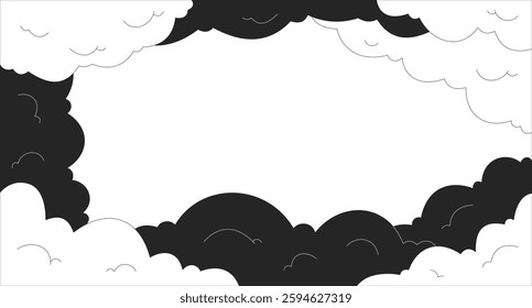 Lo-Fi aesthetic cloudy sky dreamy black white line illustration backdrop. Nostalgia and relaxation. Fluffy clouds. Minimalistic artistic cloudscape 2D ink outline monochrome background. Lineart vector