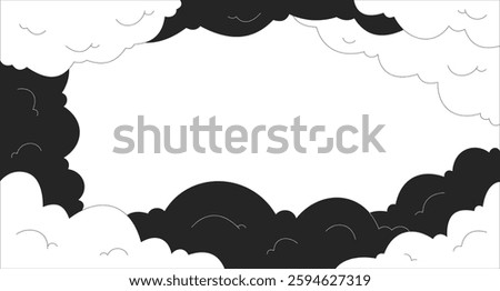 Lo-Fi aesthetic cloudy sky dreamy black white line illustration backdrop. Nostalgia and relaxation. Fluffy clouds. Minimalistic artistic cloudscape 2D ink outline monochrome background. Lineart vector