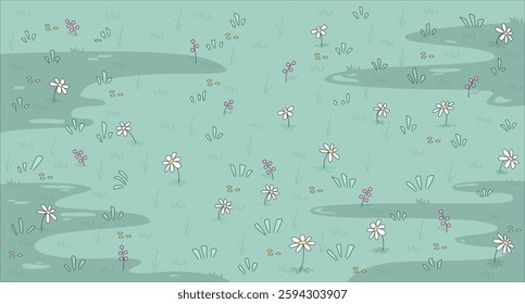 Lo-Fi aesthetic pastel green meadow with small flowers flat illustration background. Hand-drawn grass daisies floral field countryside vibe 2D cartoon backdrop. Colorful scene vector art image