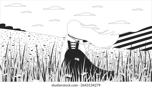 Lofi menina em vestido fluido contemplando no prado de flores silvestres no delineamento da ilustração do pôr do sol. Brisa suave flores do campo da mulher tinta 2D linear plano lo fi desenho. Papel de parede estético da arte vetorial