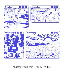 Lofi image previews neo brutalism line popup windows. Lo-fi media gallery. File browsing. Photo collection. Visual content. Interface element in neubrutalism outline style. Monochrome Y2K UX design