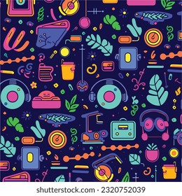 Lofi music themed elements arranged in neon colored theme. Colorful vector illustration