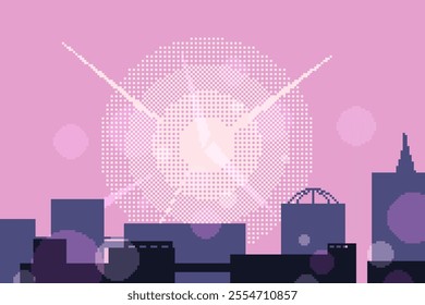 Lo-fi Pixel Art Style, Pink Hue Cityscape at Morning with Shining Sun and Lens Flare Illustration 