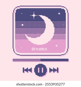 Lo-fi Pixel Art Style PLaying Music Interface with Crescent Moon Cover in Pink Hue