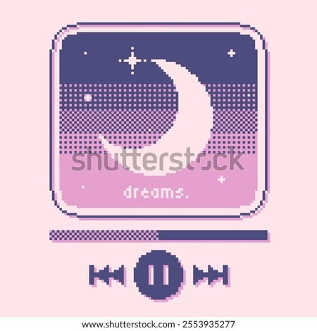 Lo-fi Pixel Art Style PLaying Music Interface with Crescent Moon Cover in Pink Hue