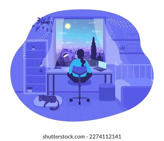 Lo-fi study flat concept vector illustration. Girl doing homework at night. Flash message with flat 2D character on cartoon isolated background. Colorful editable image for mobile, website UX design