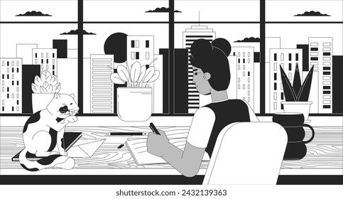 Lofi study girl with cat black and white cartoon flat illustration. Black female doing homework 2D linear background. Notebook writing desk. Lo fi vibes monochrome scene vector outline image