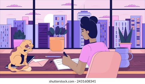 Lofi study girl with cat line cartoon flat illustration. Black female doing homework 2D lineart cityscape background. Notebook writing desk. Deep thoughts. Lo fi vibes scene vector color image