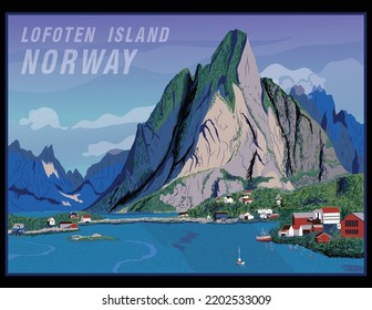 isla de lofoten, norway, ilustración vectorial de paisajes para imprimir