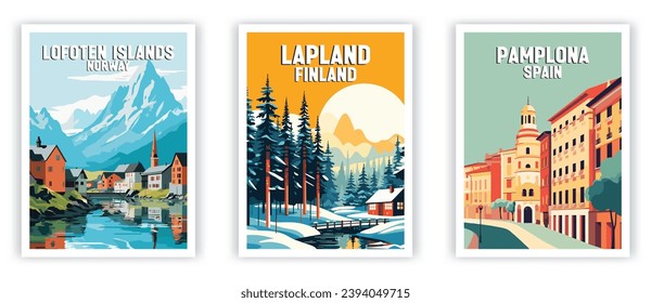 Lofoten Islands, Pamplona, Lapland Illustration Art. Travel Poster Wall Art. Minimalist Vector art.