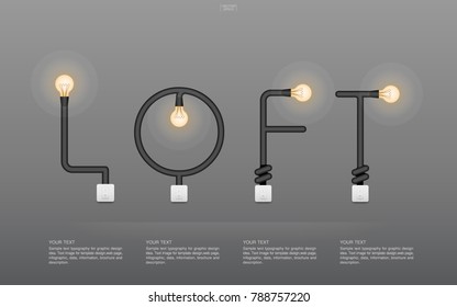 "LOFT" Abstract linear alphabet of light bulb and light switch on gray background. Idea for interior design and decoration. Vector illustration.