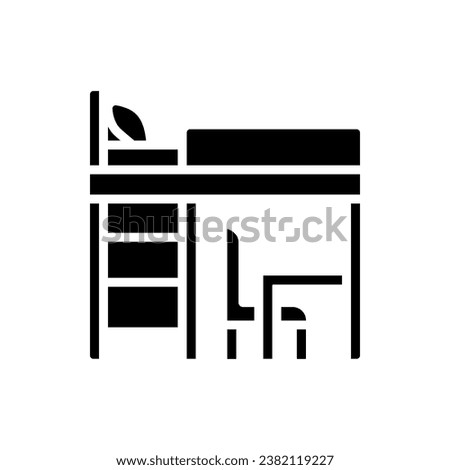 Loft bed black glyph icon. Bunk bed for small bedroom. Modern contemporary furniture. Homeware store. Kids room. Silhouette symbol on white space. Solid pictogram. Vector isolated illustration