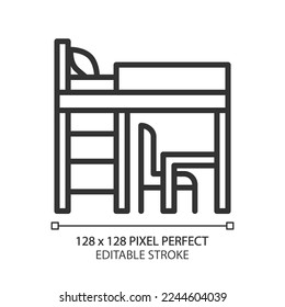 Loft bed pixel perfect linear icon. Bunk bed for small bedroom. Modern contemporary furniture. Homeware store. Kid room. Thin line illustration. Contour symbol. Vector outline drawing. Editable stroke