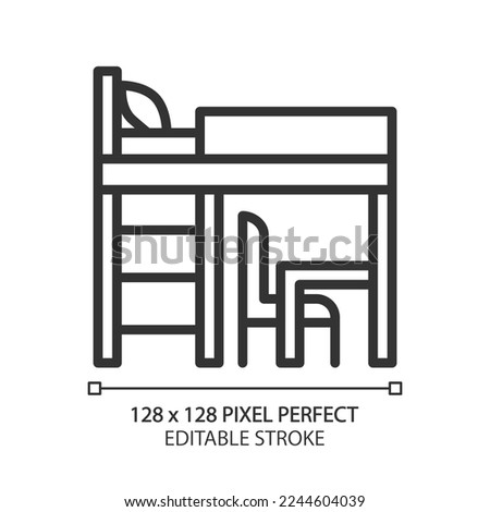 Loft bed pixel perfect linear icon. Bunk bed for small bedroom. Modern contemporary furniture. Homeware store. Kid room. Thin line illustration. Contour symbol. Vector outline drawing. Editable stroke