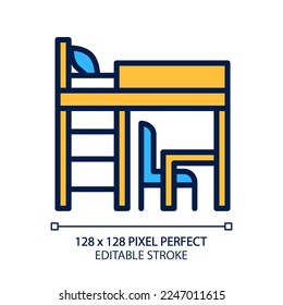 Loft bed pixel perfect RGB color icon. Bunk bed for small bedroom. Modern contemporary furniture. Homeware store. Kid room. Isolated vector illustration. Simple filled line drawing. Editable stroke