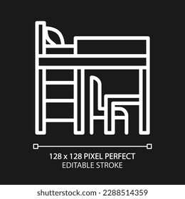 Loft bed pixel perfect white linear icon for dark theme. Bunk bed for small bedroom. Modern contemporary furniture. Kid room. Thin line illustration. Isolated symbol for night mode. Editable stroke