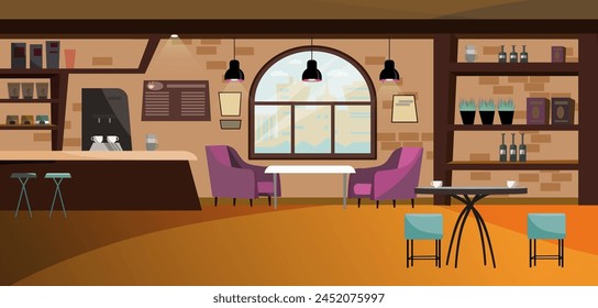 Loft cafe interior design. Flat vector illustrastion. Cozy cafe with table and armchairs near window. Cafe, restaurant, coffe shop, lunch concept